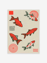 Red koi fish Japanese art print with four carp, black linework, and red water rings on off-white paper