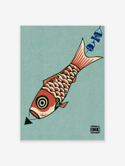 Graphic illustration of a red koi fish with a circular eye and scale pattern on a teal background as a paper art print