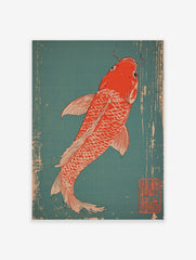 Red Koi fish with white scales and fins, in a Japanese woodblock print style, swimming on a distressed teal background