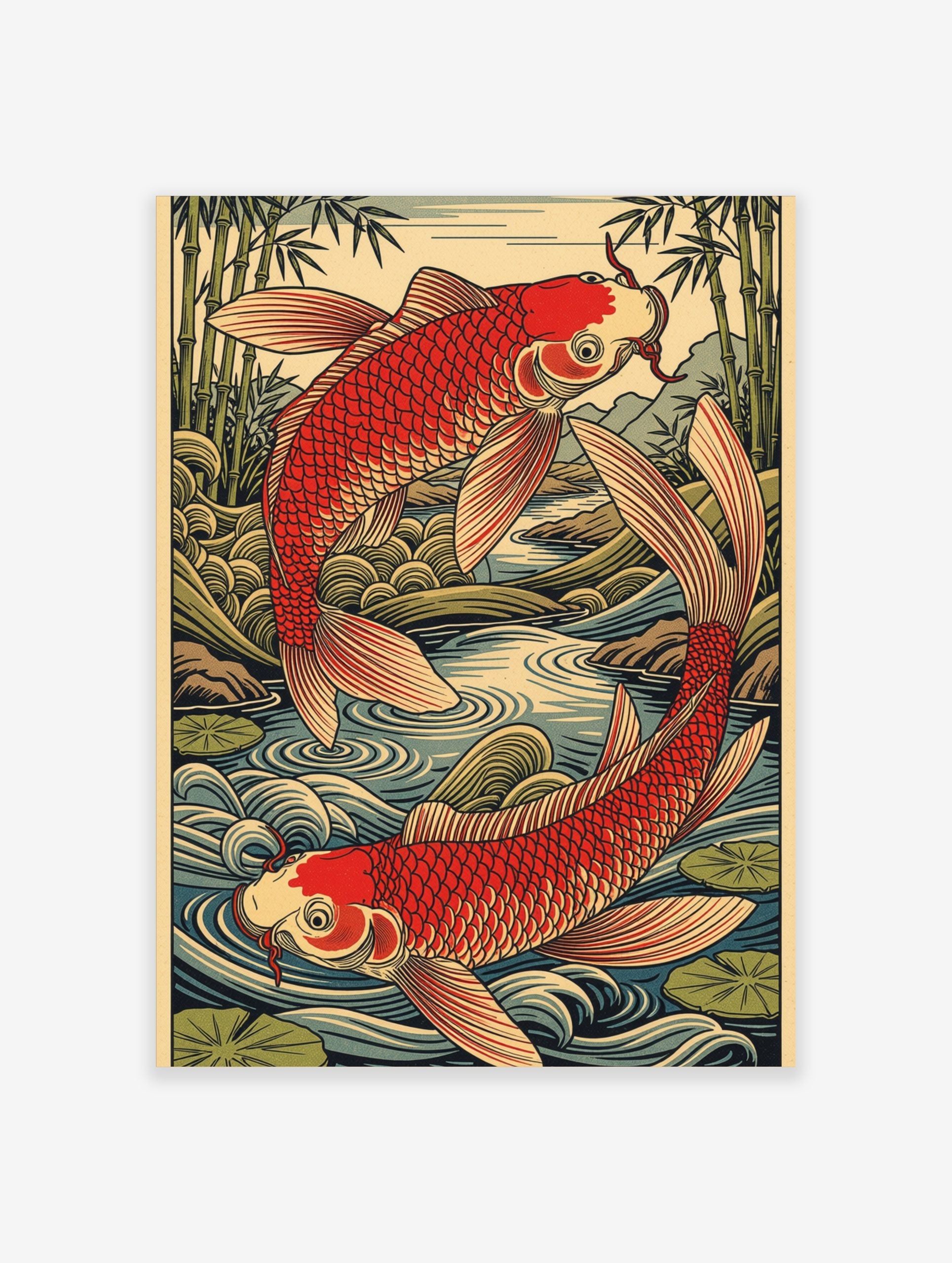 Two red koi fish swimming in a flowing stream with green bamboo, in a Japanese woodblock art style
