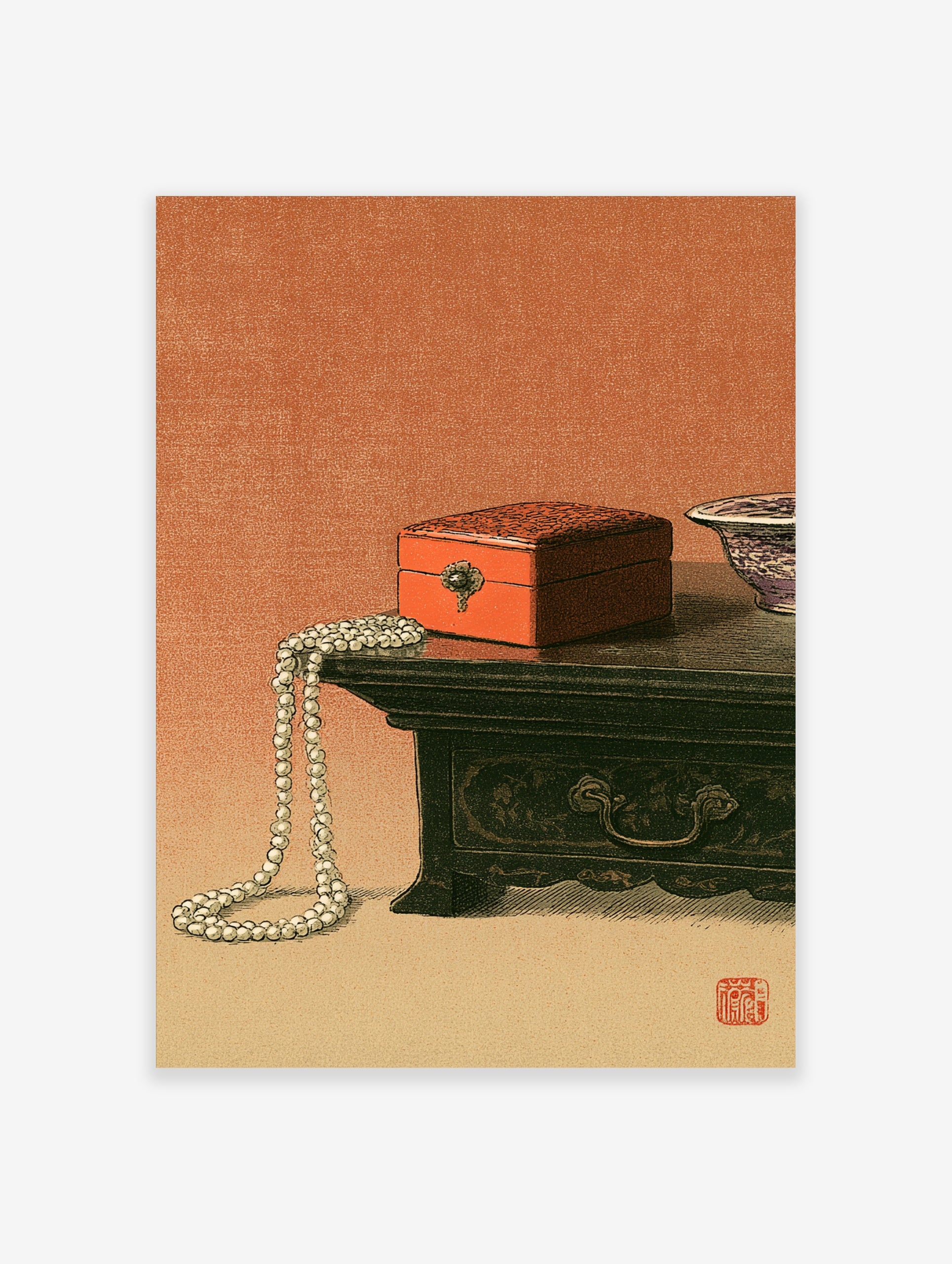 Still life art print of a red lacquer box and pearl necklace on a wooden table with a red seal stamp