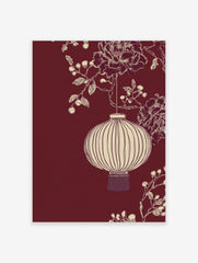 Illustrative off-white Chinese lantern with peonies and berries on a deep red background