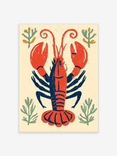 Red lobster poster with navy legs and green seaweed on cream background