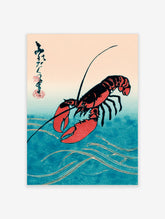 Red lobster Japanese woodblock style poster with black calligraphy and teal wave lines on cream background