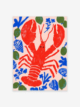 Red lobster art print with blue shells, green limes, and blue botanical shapes on a pale pink background
