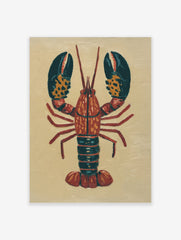 Illustrative red lobster wall art print with dark teal claws and orange spots on a light beige background