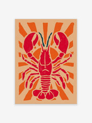 Red lobster illustration with large claws and teal antennae, centered on an orange sunburst background