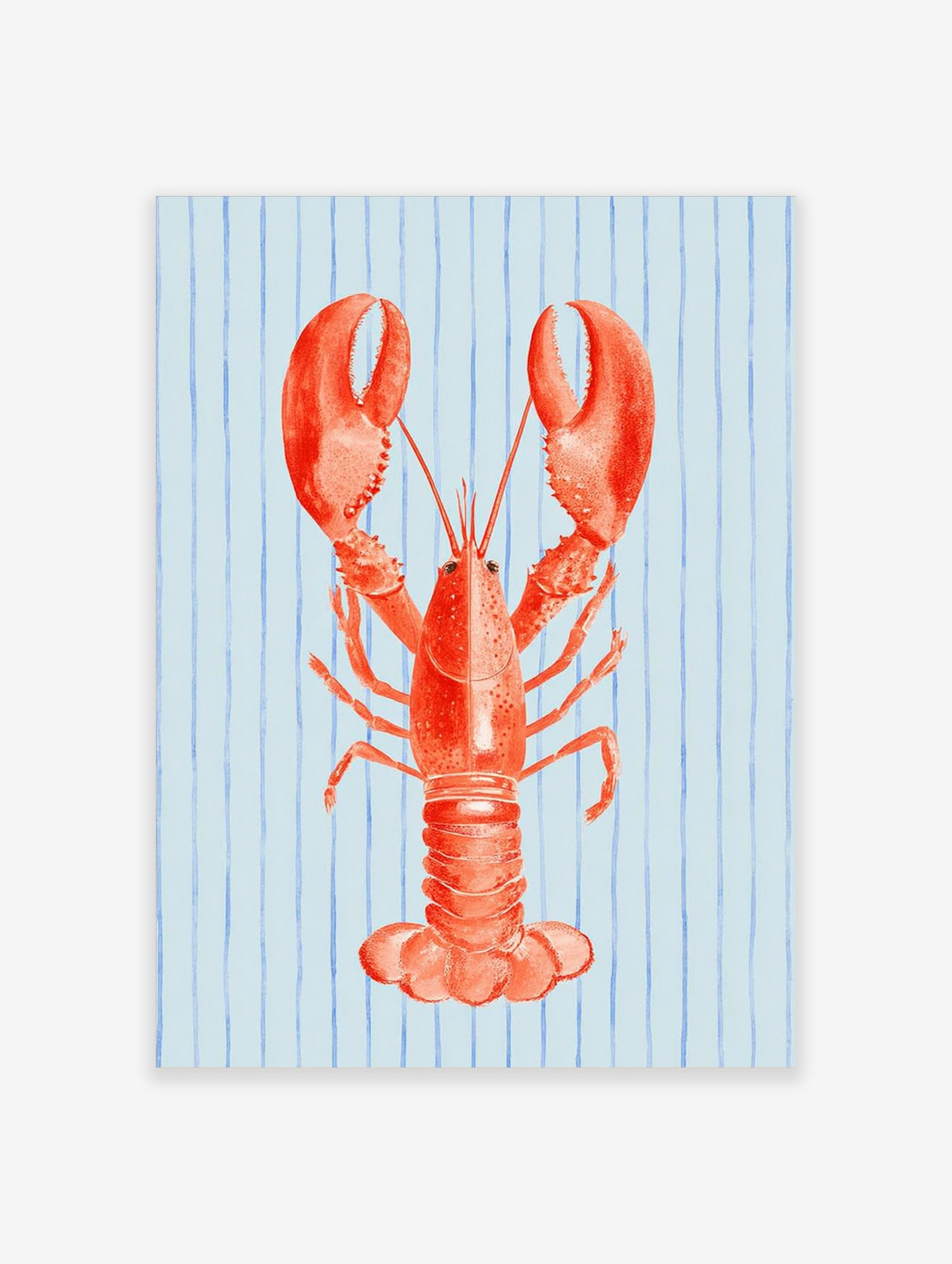 Illustrative red lobster wall art print on a light blue background with vertical blue stripes