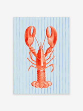 Illustrative red lobster wall art print on a light blue background with vertical blue stripes