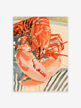 Red lobster food print with large claws and blue striped background