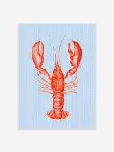 Red lobster illustration art print with large claws on a light blue striped background in portrait orientation