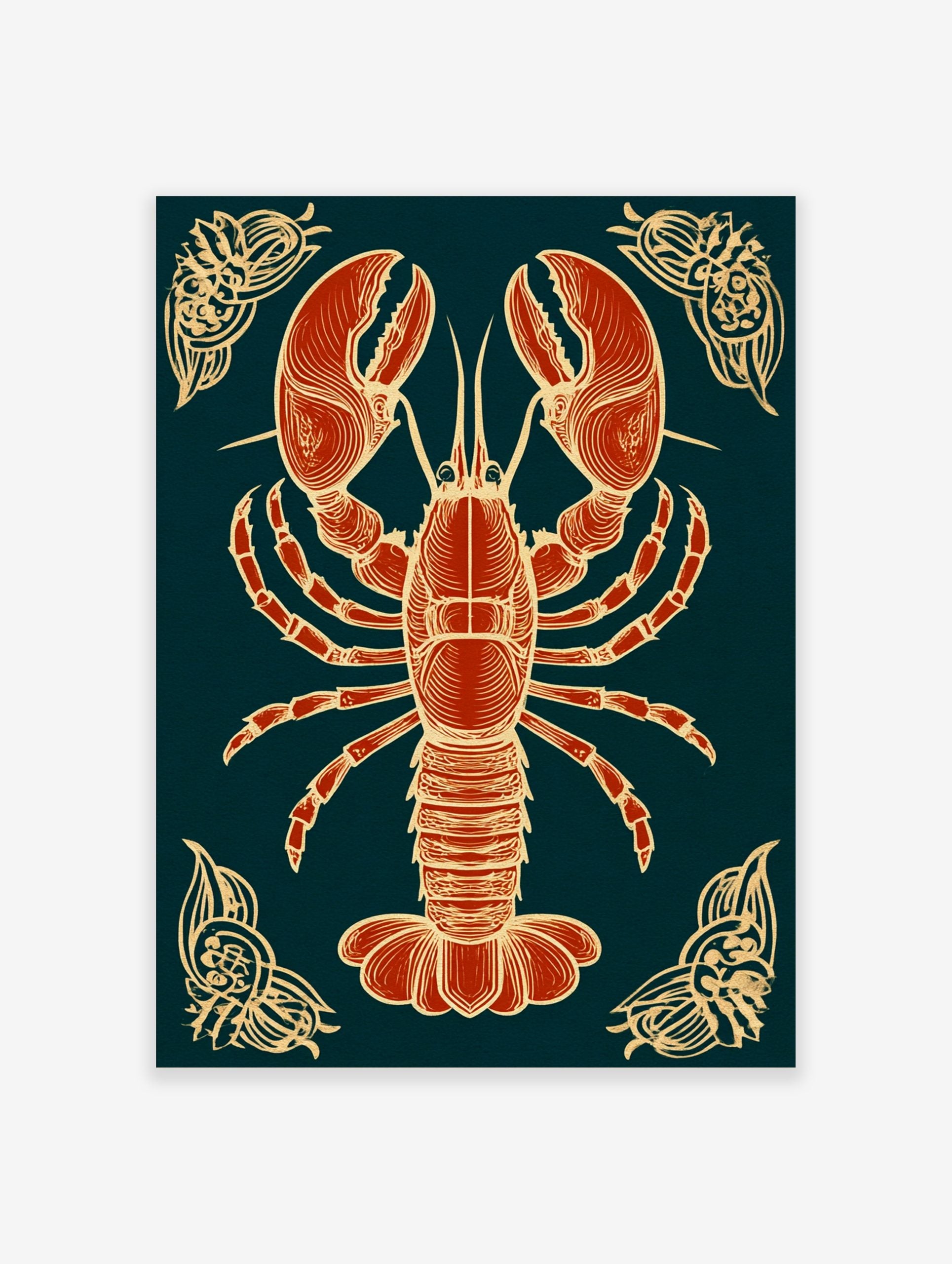 Red lobster illustration with beige-gold outlines on a dark navy background, with ornate corner details