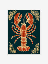 Red lobster illustration with beige-gold outlines on a dark navy background, with ornate corner details