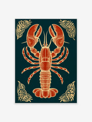 Red lobster illustration with beige-gold outlines on a dark navy background, with ornate corner details
