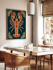 Red lobster illustration with beige-gold outlines on a dark navy background, with ornate corner, in a styled room mockup