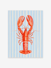 Red lobster illustration with large claws on a light blue and white striped background