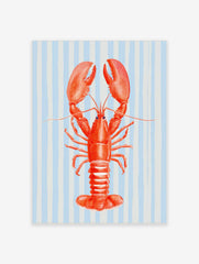 Red lobster illustration with large claws on a light blue and white striped background
