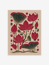 Red lotus flowers and green leaves botanical illustration art print on a textured light beige background with small dots.