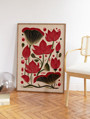 Red lotus flowers and green leaves botanical illustration art print on a textured light beige background with small dots. - Image 2