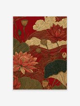 Japanese style red lotus flower botanical illustration with seed pods and gold clouds on a red background art print