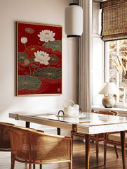 Red Lotus Flower Poster depicting white and red lotus flowers with green and black lily pads on a vibrant red background in an Asian art style. - Image 2