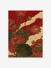 Intricate red lotus flower and cloud botanical illustration art print on a deep red background