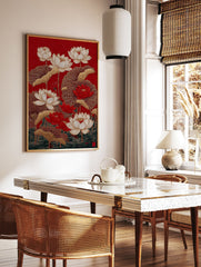 Red lotus flower botanical illustration poster with gold leaves and stems on a red patterned background, showing water at the bottom. - Image 2