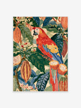 Scarlet macaw perched among cocoa pods and green leaves in a colourful tropical art print