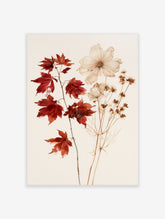 Botanical art print featuring vibrant red maple leaves and pale cosmos flowers on a neutral background