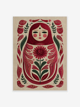 Red Matryoshka doll folk art poster with central flower and green leaves on beige background