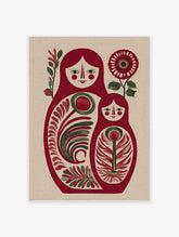 Red matryoshka nesting doll folk art print with floral motifs and sunflower on beige background