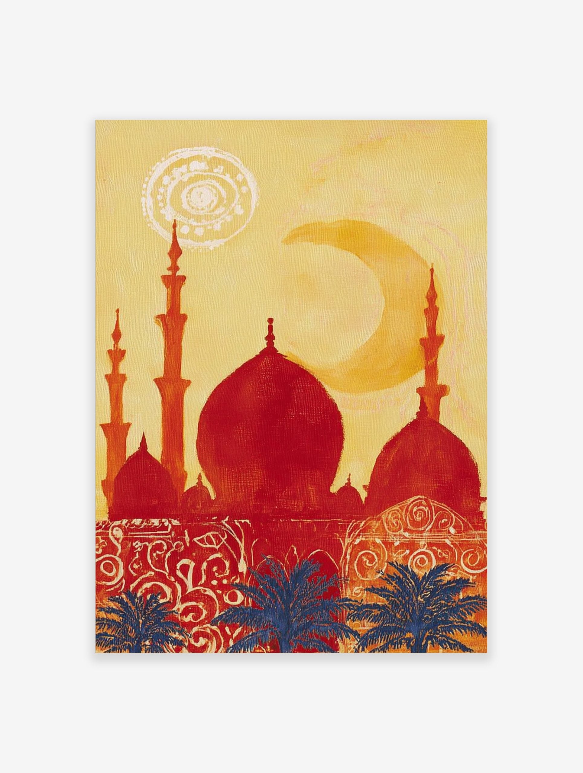 Red mosque silhouette with domes and minarets against a yellow sky, blue palm trees, and a crescent moon