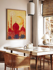 Red mosque silhouette with domes and minarets against a yellow sky, blue palm trees, and a crescent, in a styled room mockup