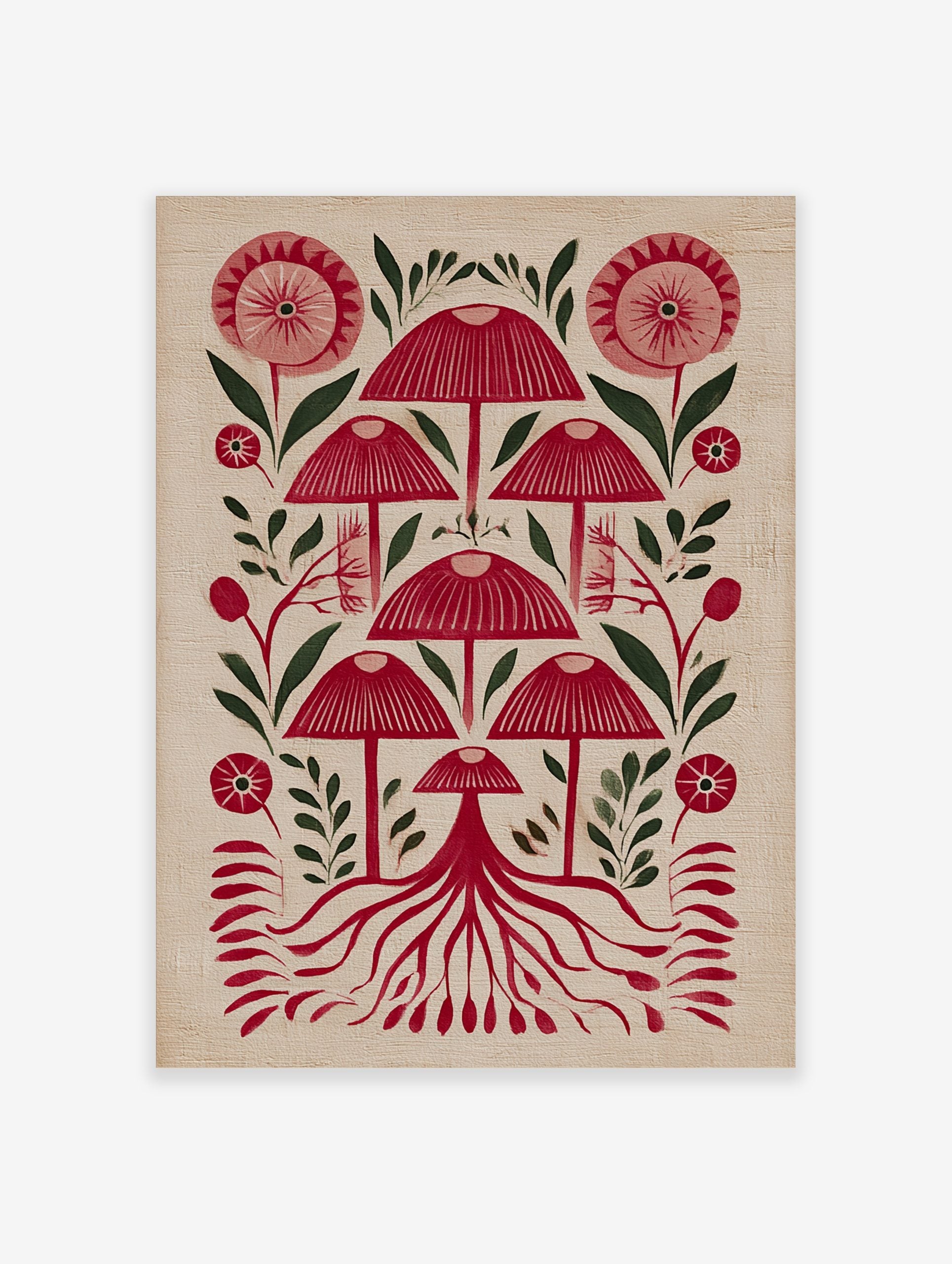 Red mushroom and botanical folk art print with stylised flowers, leaves, and roots on a light background