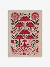 Red mushroom and botanical folk art print with stylised flowers, leaves, and roots on a light background