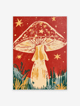 Red mushroom poster with cream cap, gills, yellow stars, and stylised grass on a deep red background