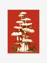 Red and white mushroom tower illustration with ladybirds and green foliage on red background