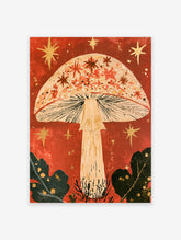 Red mushroom art print with speckled cap, dark gills, gold stars on red background