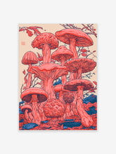 Red mushroom botanical illustration with detailed gills and stems, surrounded by leaves, on cream background