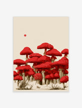 Red mushroom cluster illustration print on cream background with grass at base