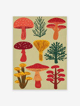 Red and yellow mushroom botanical illustration with evergreen sprigs on beige background