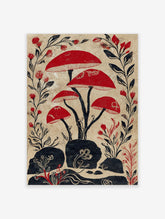 Red mushroom botanical illustration with black stems and red buds on beige background