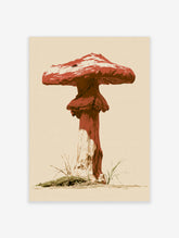 Red mushroom illustration with white spots and insect on beige background, botanical wall art print