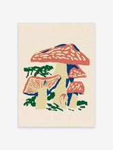 Red mushrooms with cream spots and gills, blue shadows, green foliage, botanical illustration print on cream background