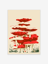 Red mushroom stack illustration with ladybirds and snail, botanical art print