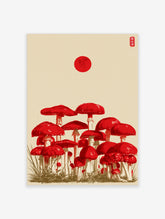 Red mushrooms with white stems under a red sun on beige background, red seal top right, illustrative art print