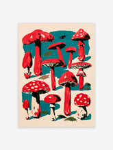 Red mushroom wall art with white spots and teal background, botanical illustration print