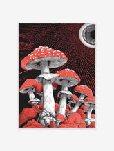 Vibrant red and white fly agaric mushroom wall art illustration with stippling on a black background with red dots and an eye.