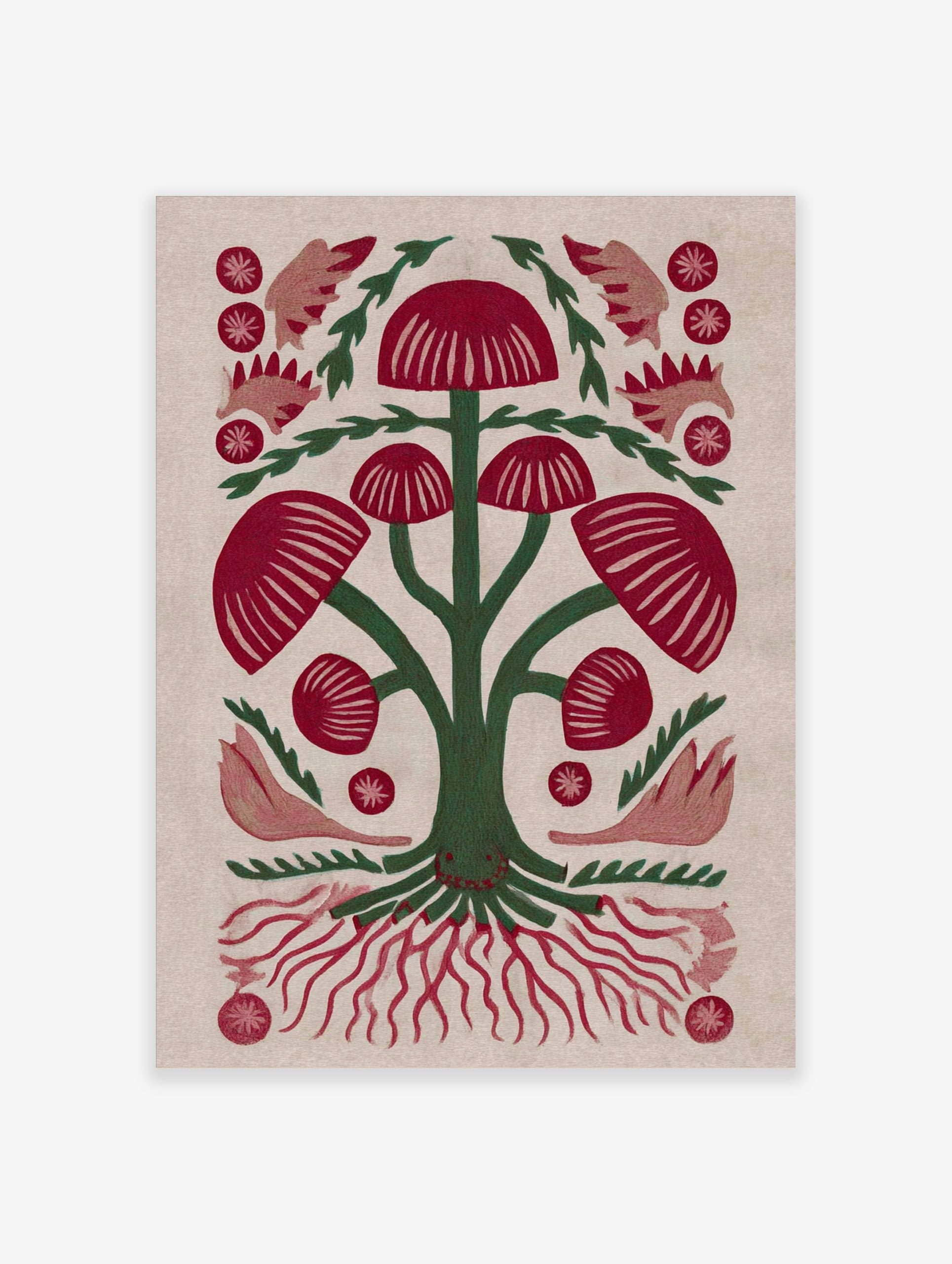 Red mushroom botanical illustration with green stems and roots, folk art style on light background
