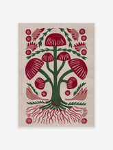 Red mushroom botanical illustration with green stems and roots, folk art style on light background